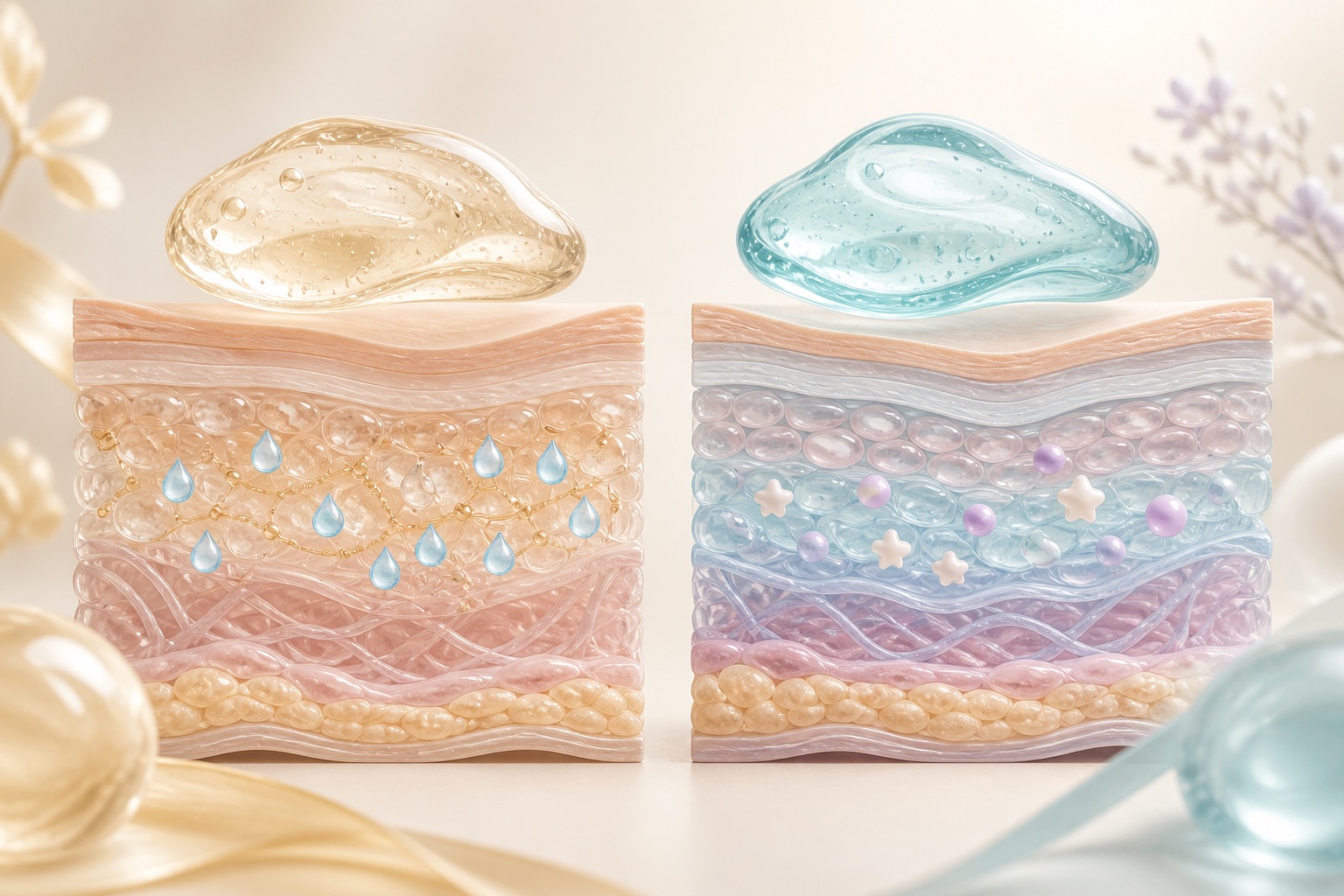 Neutral editorial illustration of two different hyaluronic-acid gel concepts above abstract skin layers