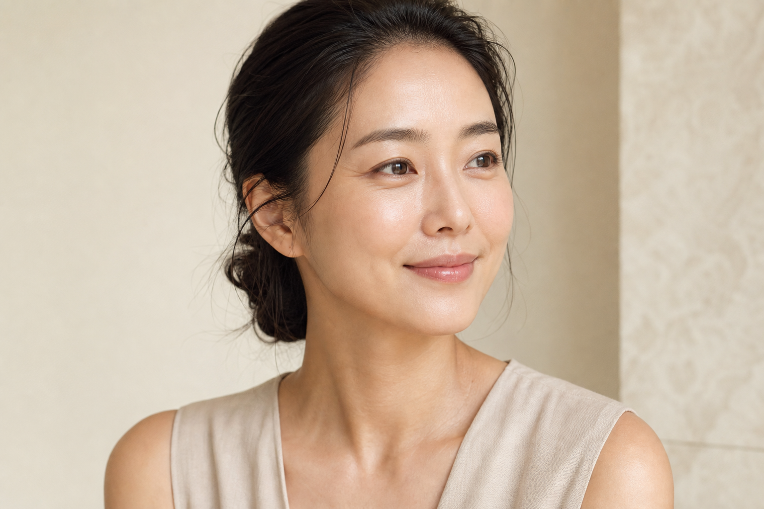 Editorial portrait of an adult East Asian woman with a relaxed expression and natural skin texture