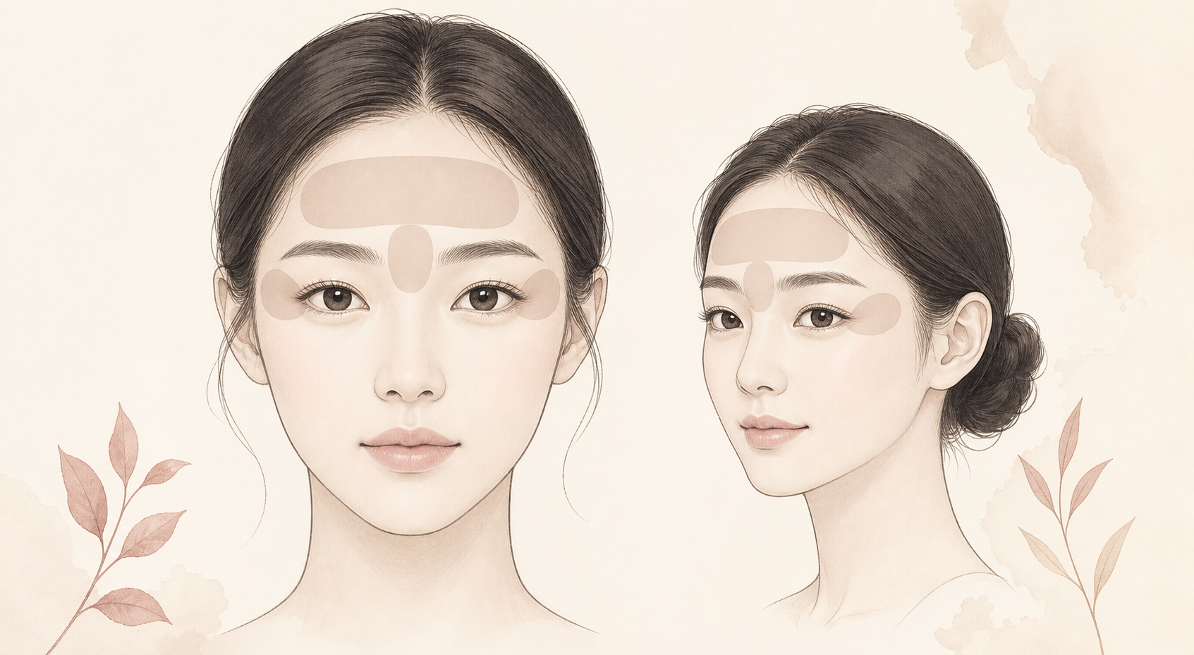 Conceptual editorial face map highlighting the forehead, glabella and outer eye regions