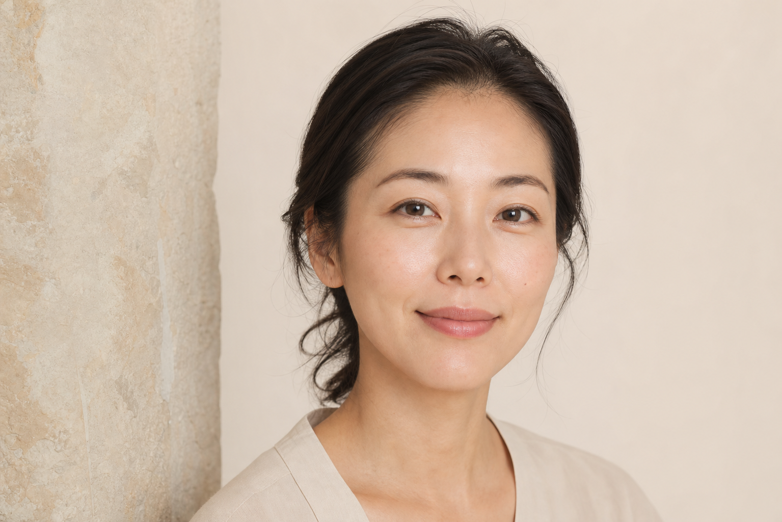 Editorial portrait of an adult East Asian woman with a relaxed natural expression