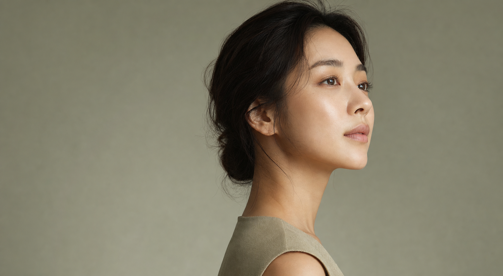 Editorial portrait showing the face, jawline and neck of an adult East Asian woman