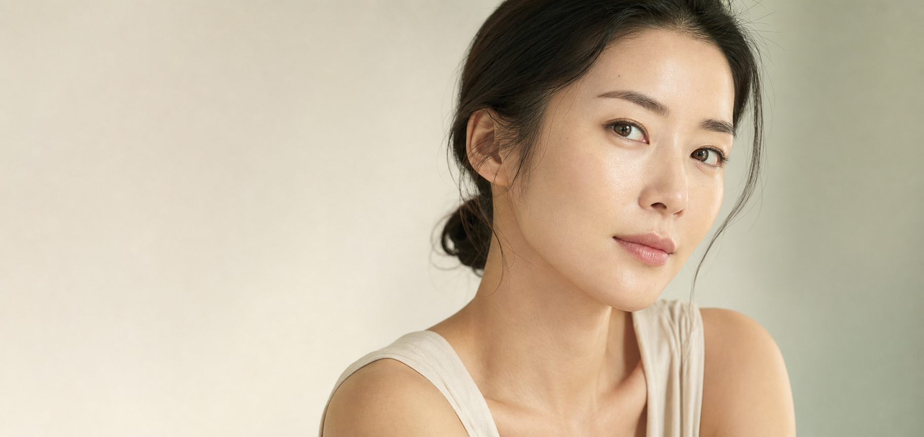 Editorial beauty portrait of an adult East Asian woman with natural skin texture