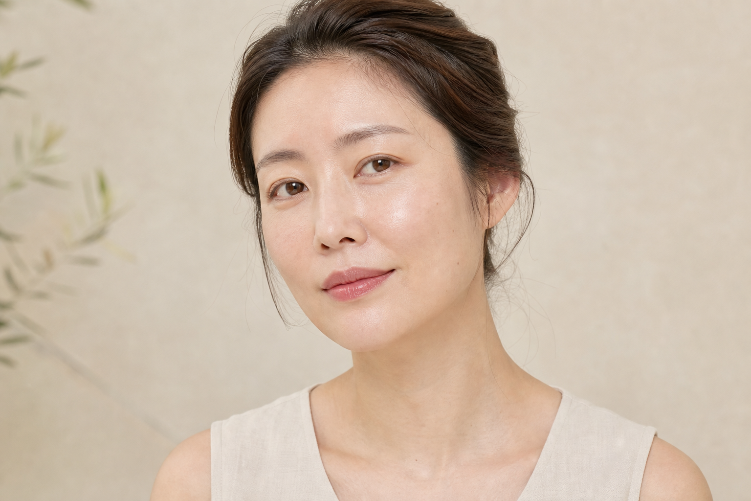Close editorial portrait of an adult East Asian woman with natural skin texture